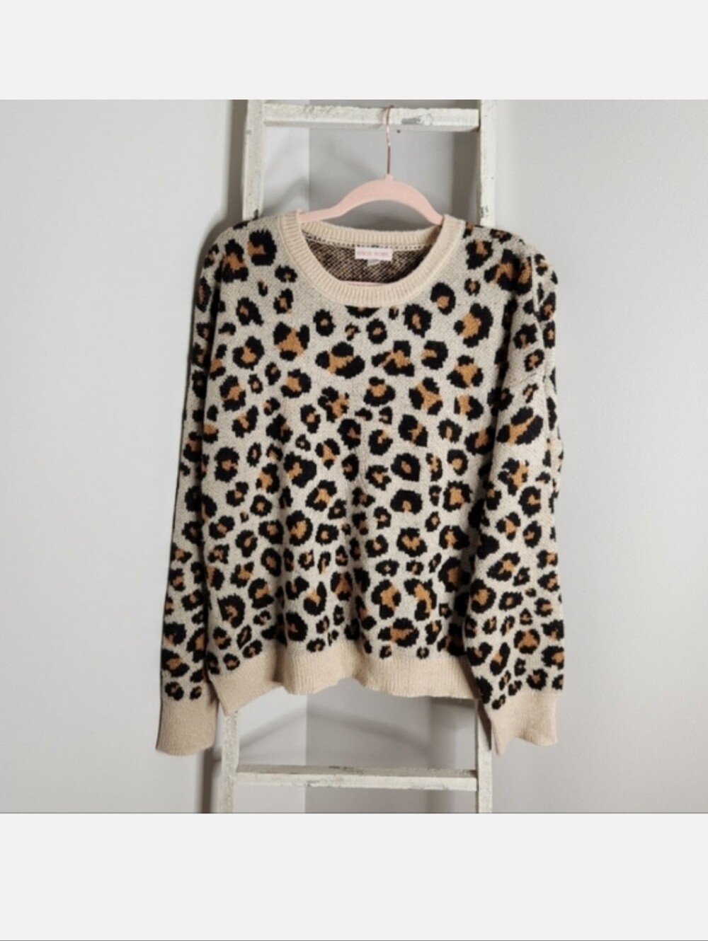 Knox Rose Sweater womens XL cream black animal print ribbed hem